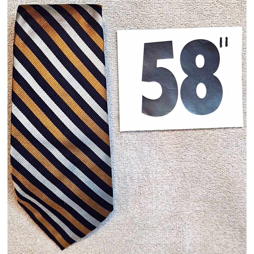 Roberto 100% Silk Men's Tie Navy Gold Silver Striped Pointed - 58"